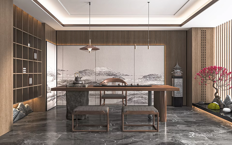 Serene Tea Room Interior Design With Wooden Elements Landscape Painting Long Table And Stone Stools 3d model 