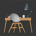 Modern Home Office Desk Setup With White Chair Blue Lamp And Green Plant