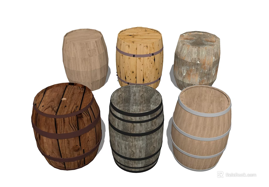 Collection of Rustic Wooden Barrels With Diverse Color And Design Features 3d model 