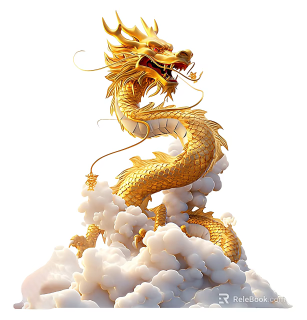 Exquisite Golden Dragon Sculpture With Intricate Scales Whiskers Coiled On White Clouds 3d model 