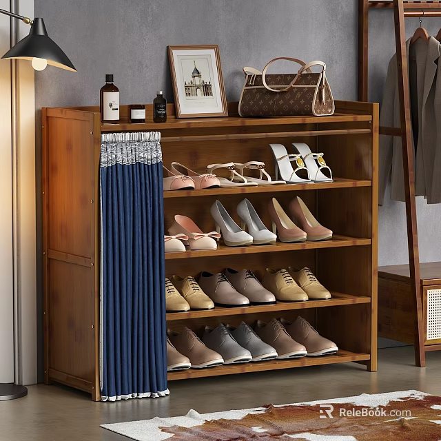 Wooden Shoe Cabinet With Multiple Shelves Holding Various Shoes Blue Curtain And Top Decorations 3d model 