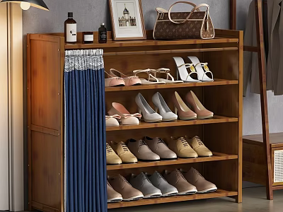 Wooden Shoe Cabinet With Multiple Shelves Holding Various Shoes Blue Curtain And Top Decorations 3d model