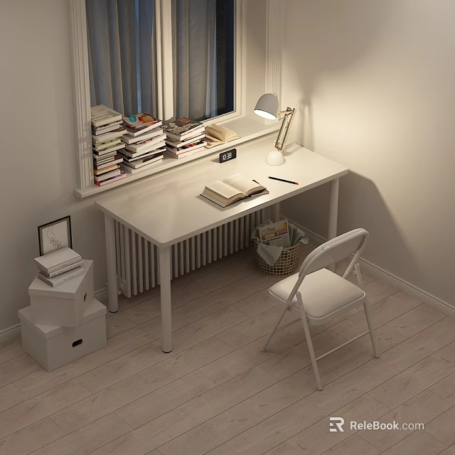White Study Desk With Open Book Pen Table Lamp Chair And Books on Windowsill 3d model 
