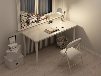 White Study Desk With Open Book Pen Table Lamp Chair And Books on Windowsill 3d model