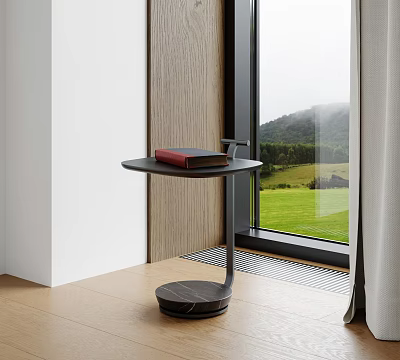 Sleek Black Side Table By Window With Red Book And Green Lawn Mountain View 3d model