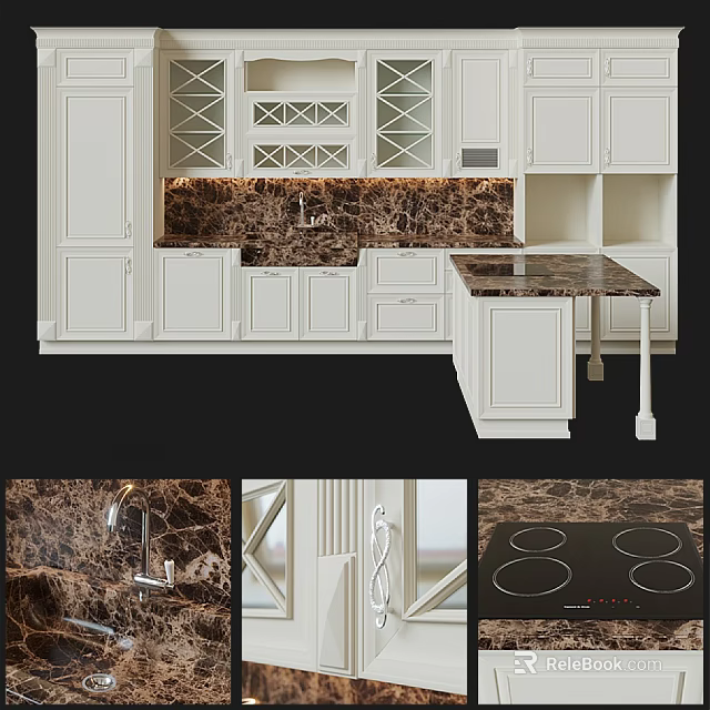 Modern Kitchen With White Cabinets Marble Countertop And Wine Rack 3d model