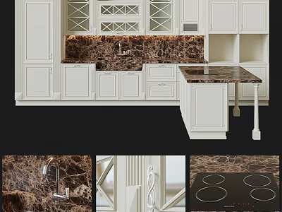 Modern Kitchen With White Cabinets Marble Countertop And Wine Rack 3d model