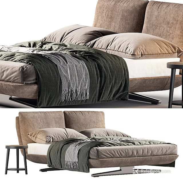 Modern Double Bed With Fabric Headboard Soft Pillows Blanket And Side Table 3d model