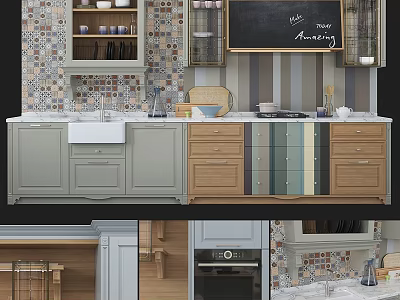 Modern Kitchen Interior Featuring Gray And Wooden Cabinets With Countertop And Sink 3d model