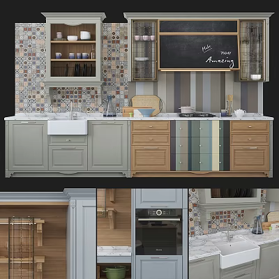 Modern Kitchen Interior Featuring Gray And Wooden Cabinets With Countertop And Sink 3d model
