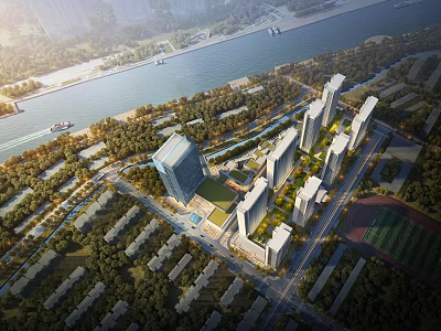 Aerial Planning Of Riverside Urban Area With Buildings 3d model
