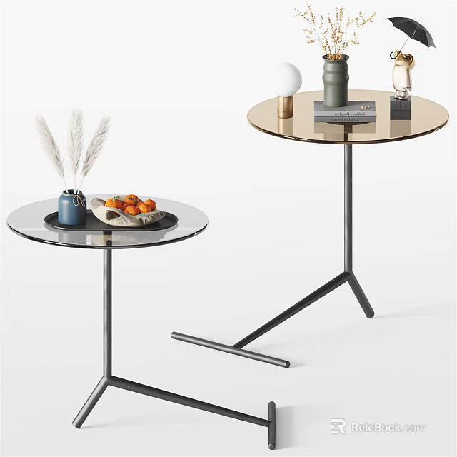 Modern Round Glass Top Side Table with Metal Stand and Pampas Grass Books Decor 3d model 