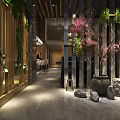 Japanese Style Restaurant Interior With Tatami Seating Wooden Lanterns And Cherry Blossom Decor