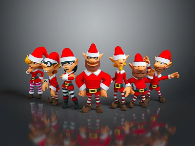 Cartoon Game Movie Characters Wearing Red Christmas Hats And Colorful Costumes 3d model