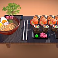 Japanese Ramen And Sushi Served With Chopsticks On Wooden Tray