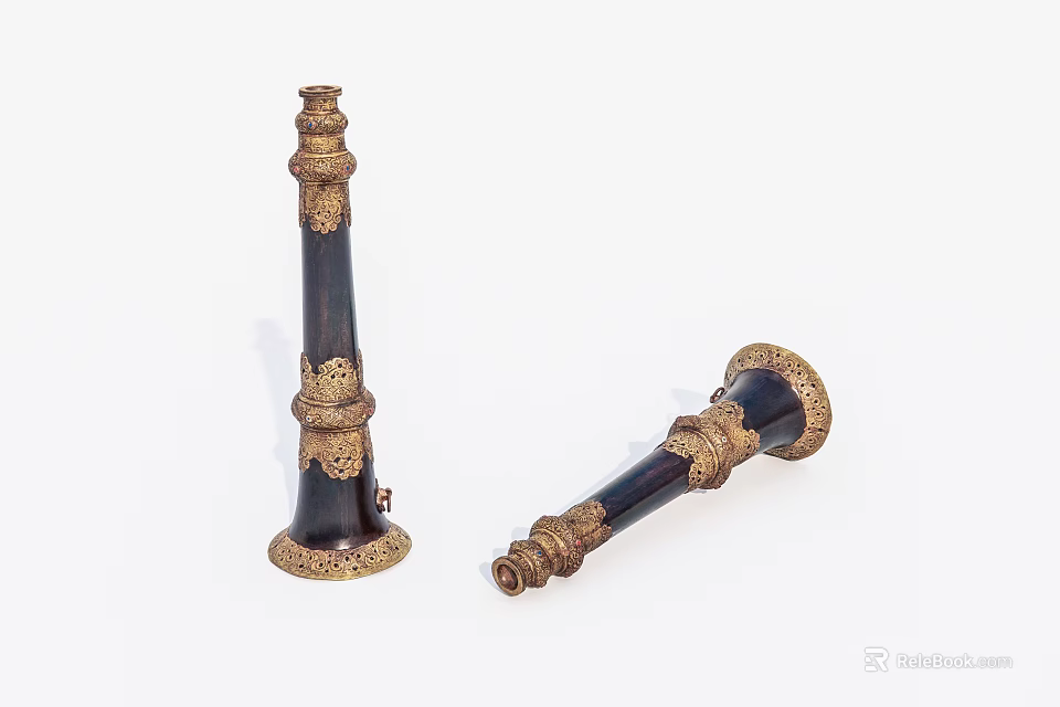 Elegant Musical Instruments and Art Supplies With Golden Carvings and Black Bodies 3d model 