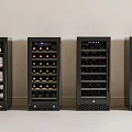 Four Black Beverage Coolers With Digital Display Holding Canned Drinks And Bottled Wines