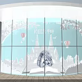 Shop Window With Blue Glass White Leaves Balloons Castle Pattern Ring And Box Lighting Effect