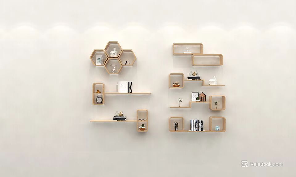 Wall Decor with Wooden Hexagonal and Rectangular Shelves Holding Small Decor Items Books and Clock 3d model 