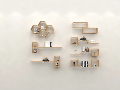 Wall Decor with Wooden Hexagonal and Rectangular Shelves Holding Small Decor Items Books and Clock 3d model