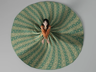 Woman In Orange Top Lying On Green Beige Striped Spiral Patterned Fabric 3d model