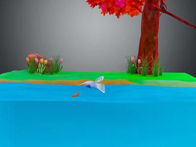 Bird Flying Near Water Surface Catching Fish By Red Tree With Green Grass And Tulips 3d model
