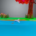 Bird Flying Near Water Surface Catching Fish By Red Tree With Green Grass And Tulips