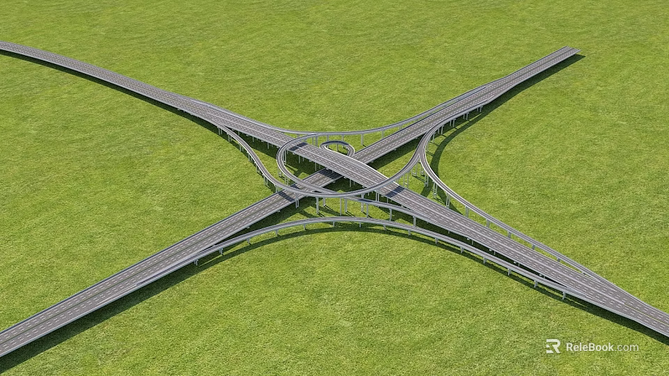 Modern Multi Lane Interchange Bridge Structure Over Green Grass Field 3d model