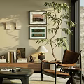 Cozy Lounge Room With Framed Artwork Tall Leafy Plant Leather Armchair And Bookshelf Table Lamp