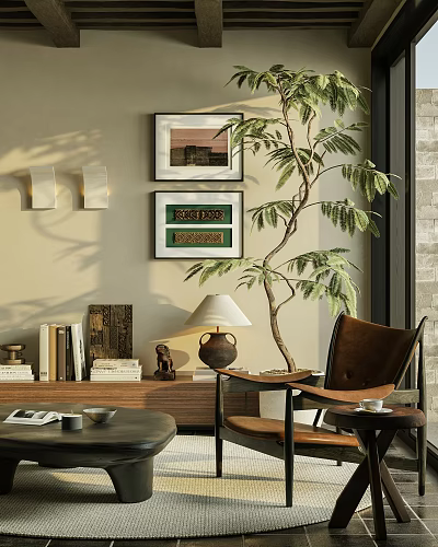 Cozy Lounge Room With Framed Artwork Tall Leafy Plant Leather Armchair And Bookshelf Table Lamp 3d model