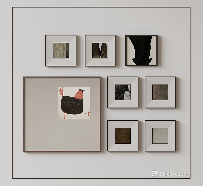 Minimalist Oil Paintings Gallery Wall With Chicken Artwork And Neutral Tones Frames 3d model 
