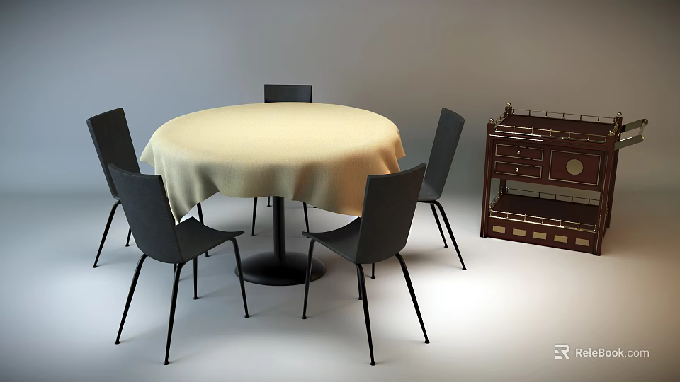 Round Dining Table with Beige Tablecloth and Four Black Chairs Around Dark Cabinet with Drawers 3d model 