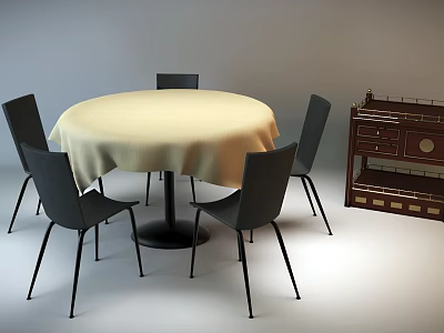 Round Dining Table with Beige Tablecloth and Four Black Chairs Around Dark Cabinet with Drawers 3d model