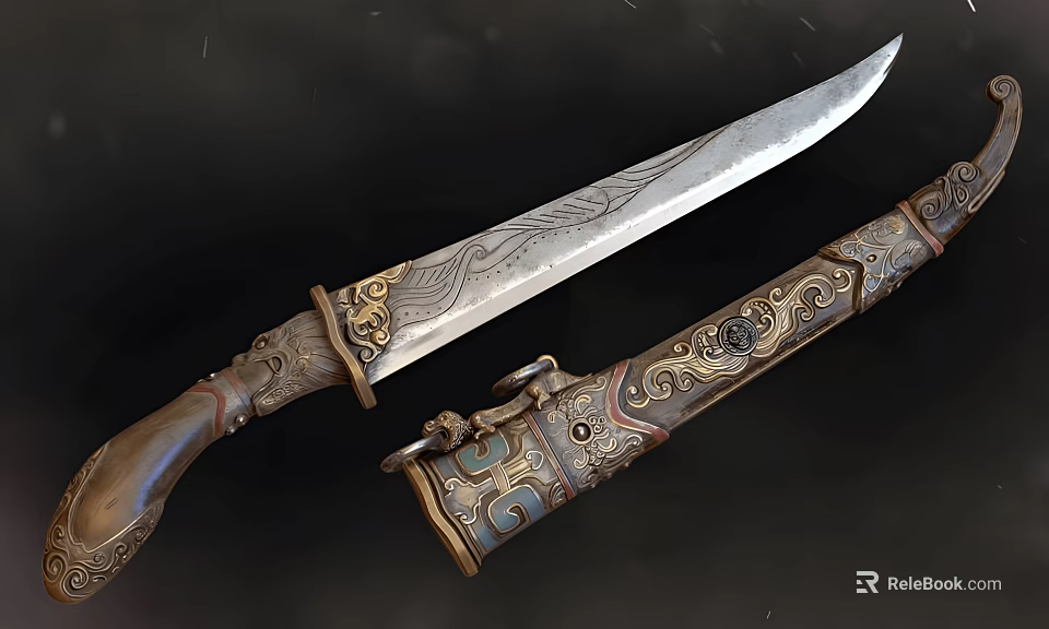 Exquisitely Carved Decorated Knife Featuring Intricate Handle And Ornate Engraved Scabbard 3d model 
