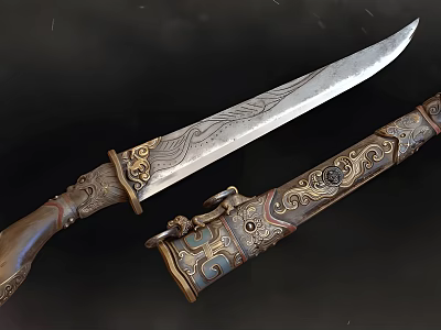 Exquisitely Carved Decorated Knife Featuring Intricate Handle And Ornate Engraved Scabbard 3d model