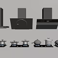 Modern Kitchen Appliances Featuring Range Hoods And Stovetops With Pots
