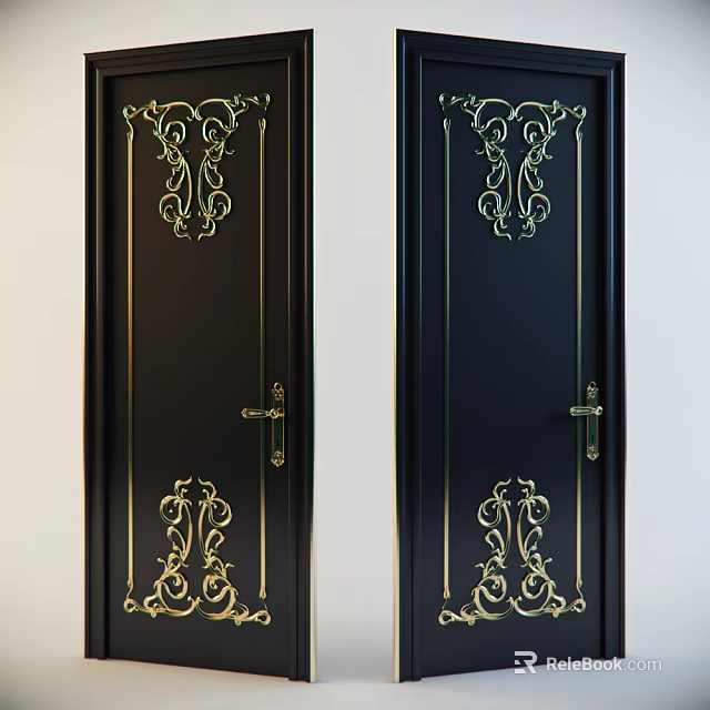 Elegant Black Flush Doors With Intricate Gold Decorative Patterns And Handles 3d model 