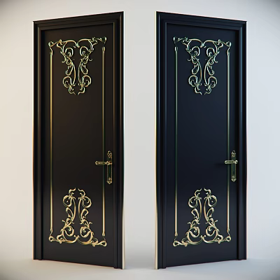 Elegant Black Flush Doors With Intricate Gold Decorative Patterns And Handles 3d model
