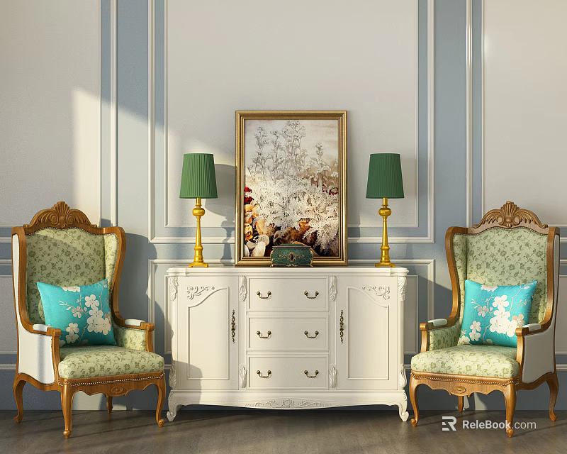 Elegant White Entryway Console Cabinet With Gold Table Lamps Framed Painting And Green Cushioned Chairs 3d model 