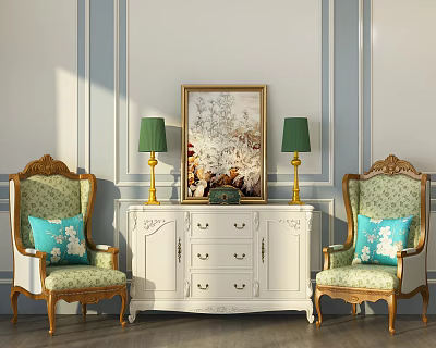 Elegant White Entryway Console Cabinet With Gold Table Lamps Framed Painting And Green Cushioned Chairs 3d model