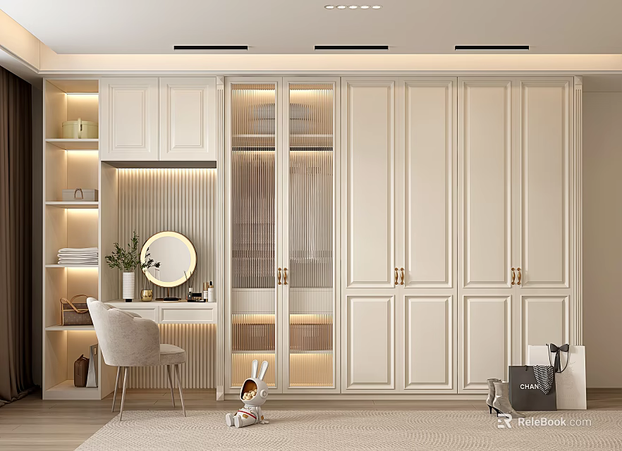 Modern Cream Colored Wardrobe Interior Design With Glass Doors LED Lighting And Dressing Table 3d model 