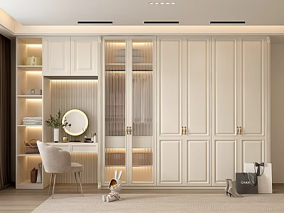 Modern Cream Colored Wardrobe Interior Design With Glass Doors LED Lighting And Dressing Table 3d model