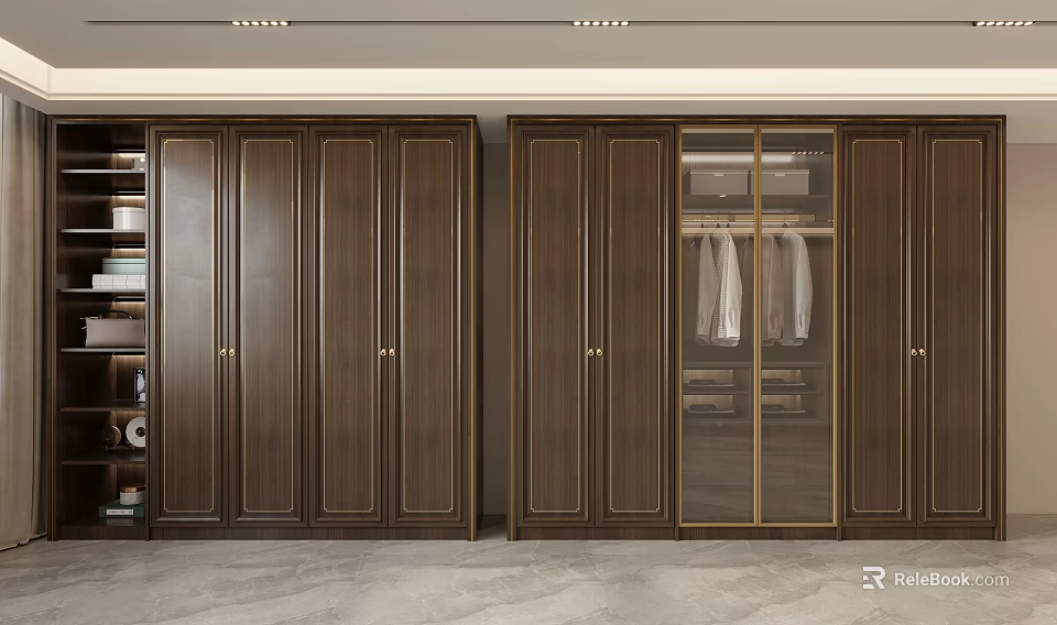 Modern Dark Wood Wardrobe Interior With Closed Doors And Glass Door Hanging Clothes 3d model 