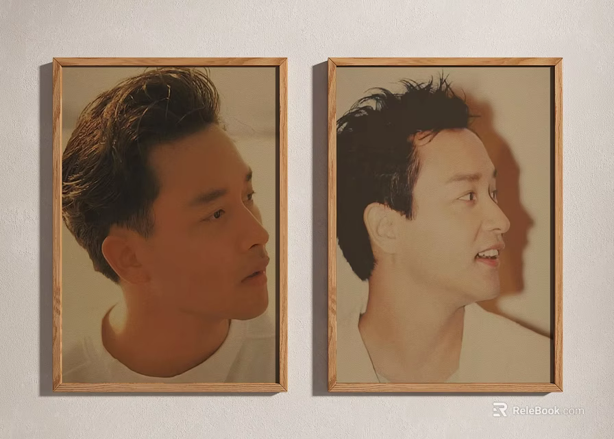 Two Wooden Framed Portrait Paintings with Profile Views and Different Expressions on Wall 3d model 