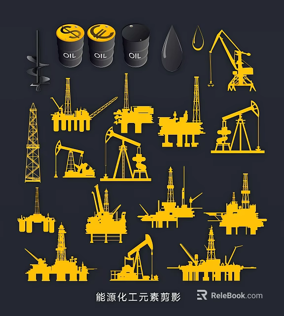 Oil Industry Silhouettes Featuring Drilling Rigs Oil Pumps And Offshore Platforms Yellow On Dark Background 3d model 