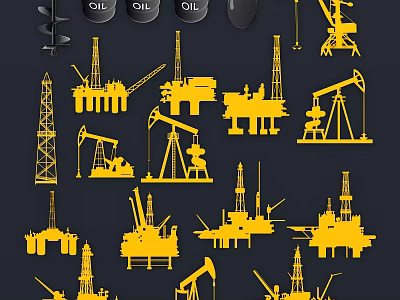 Oil Industry Silhouettes Featuring Drilling Rigs Oil Pumps And Offshore Platforms Yellow On Dark Background 3d model