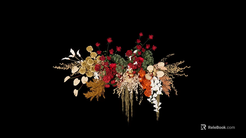 Vibrant Artistic Floral Display with Red Gold Orange Flowers and Decorative Branches 3d model 