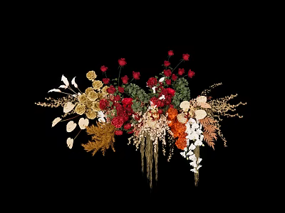 Vibrant Artistic Floral Display with Red Gold Orange Flowers and Decorative Branches 3d model