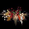Vibrant Artistic Floral Display with Red Gold Orange Flowers and Decorative Branches