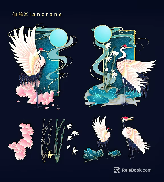 Traditional Chinese Style Decorative Pendant With Crane Cherry Blossom Moon Bamboo And Water Ripple 3d model 